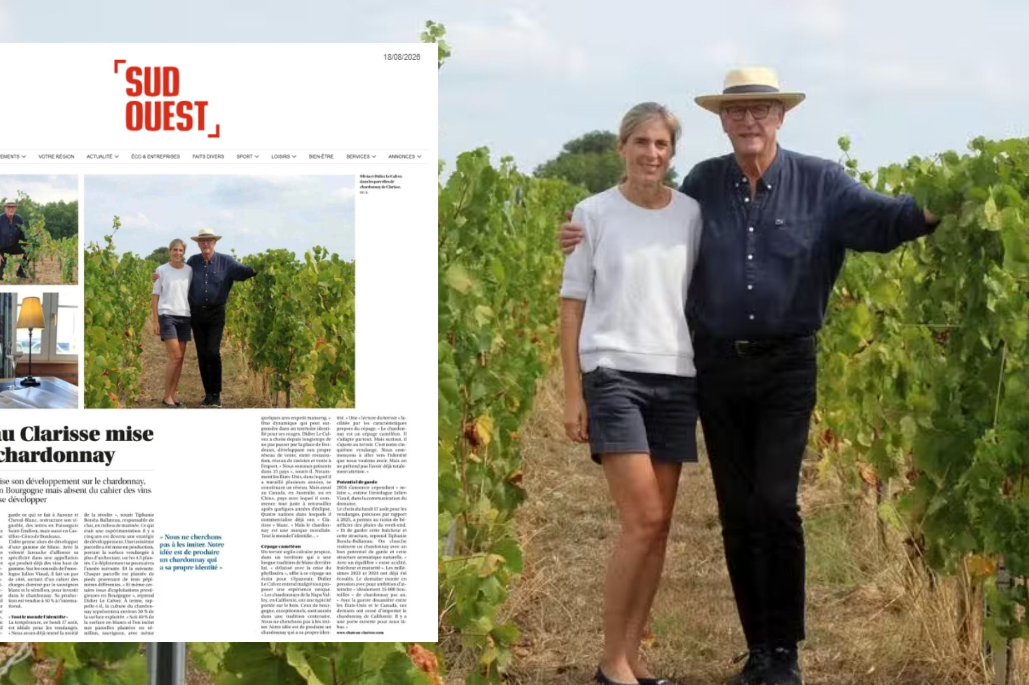 Olivia et Didier Le Calvez dans les parcelles de chardonnay de Château Clarisse à Puisseguin